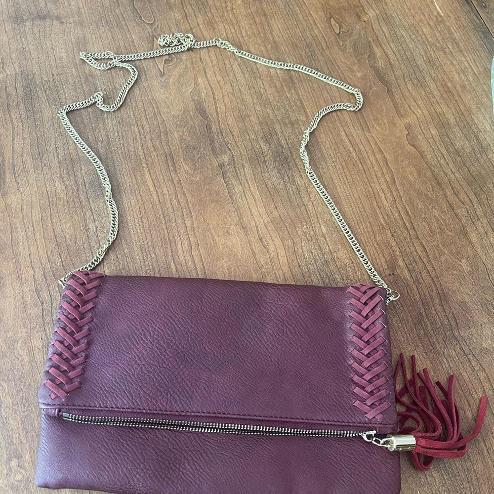 Vintage Maroon Burgundy Faux Leather Crossbody Clutch Bag Gold Chain Tassel Boho